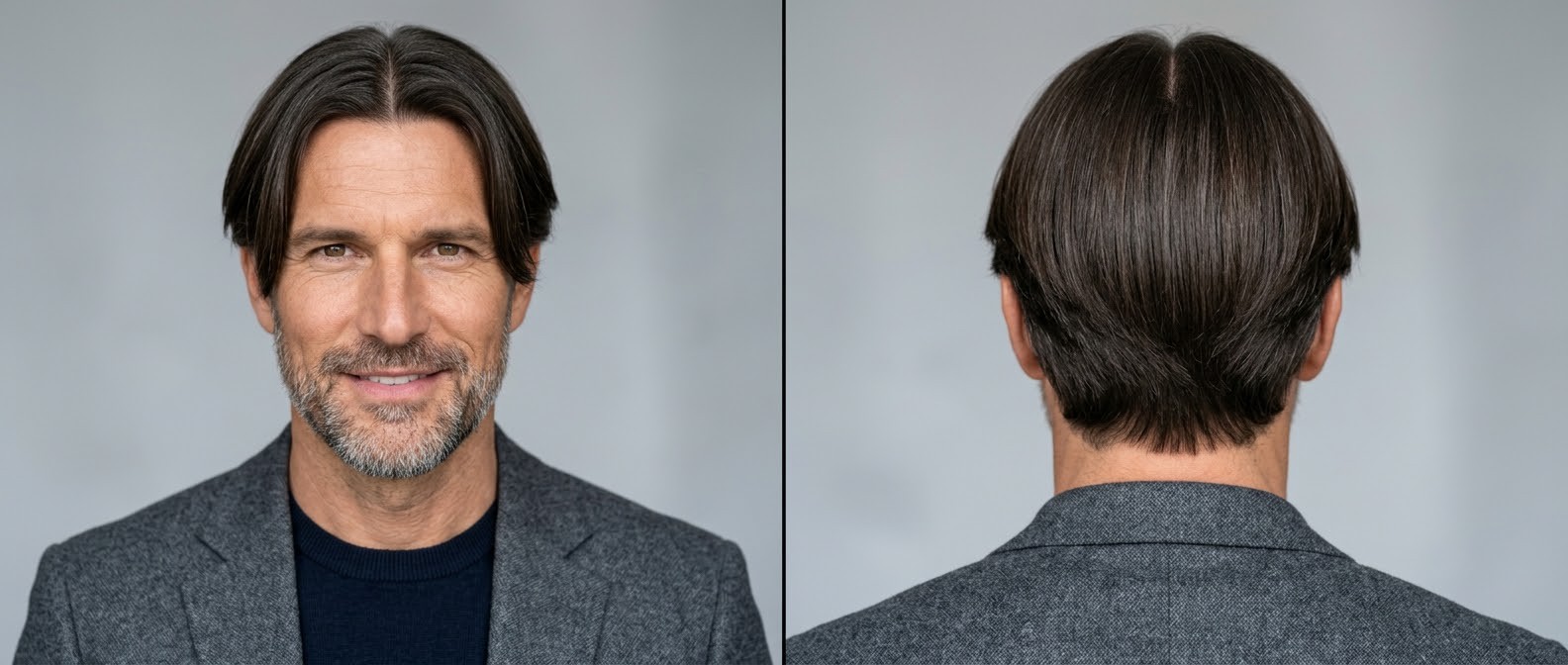 Front and back view of a mature man with a short beard wearing a sleek, medium-length center-parted curtains hairstyle on straight dark brown hair.