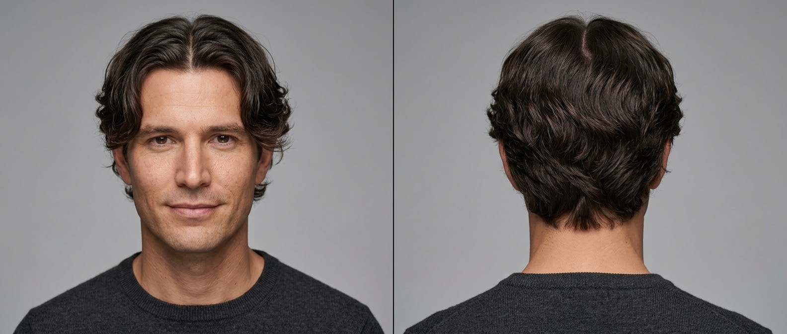 Front and back view of a 40-year-old man with dark brown, wavy center-parted curtain hair, styled with medium layers and a natural flow.