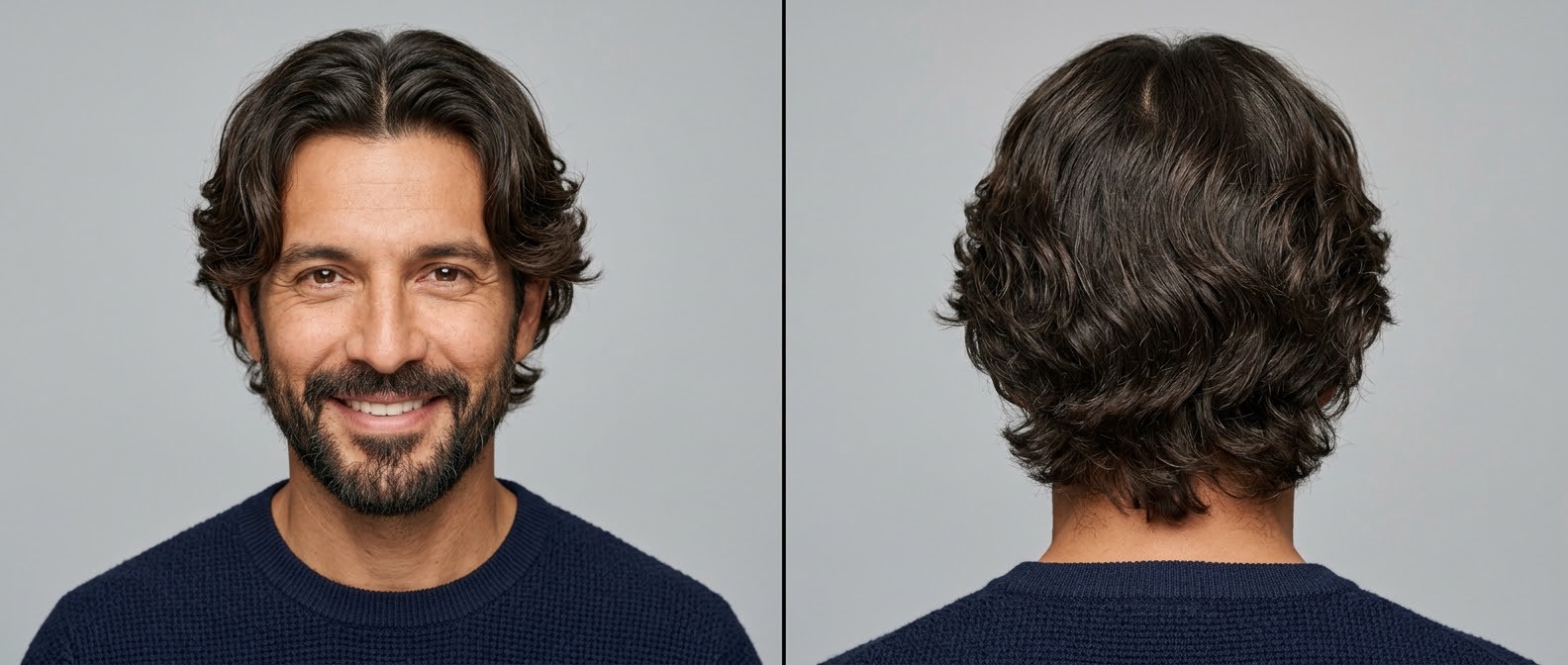 Mature Latino man with a thick, dark brown wavy curtains hairstyle, middle part, and short beard, showing front and back views of the layered cut.