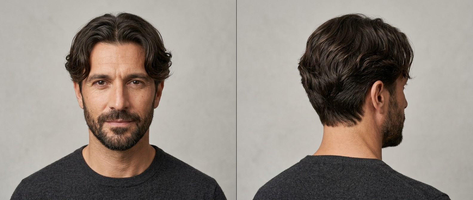 Homme mature avec une coupe curtains ondulée brun foncé, raie centrale, côtés dégradés, nuque effilée et barbe courte bien taillée.