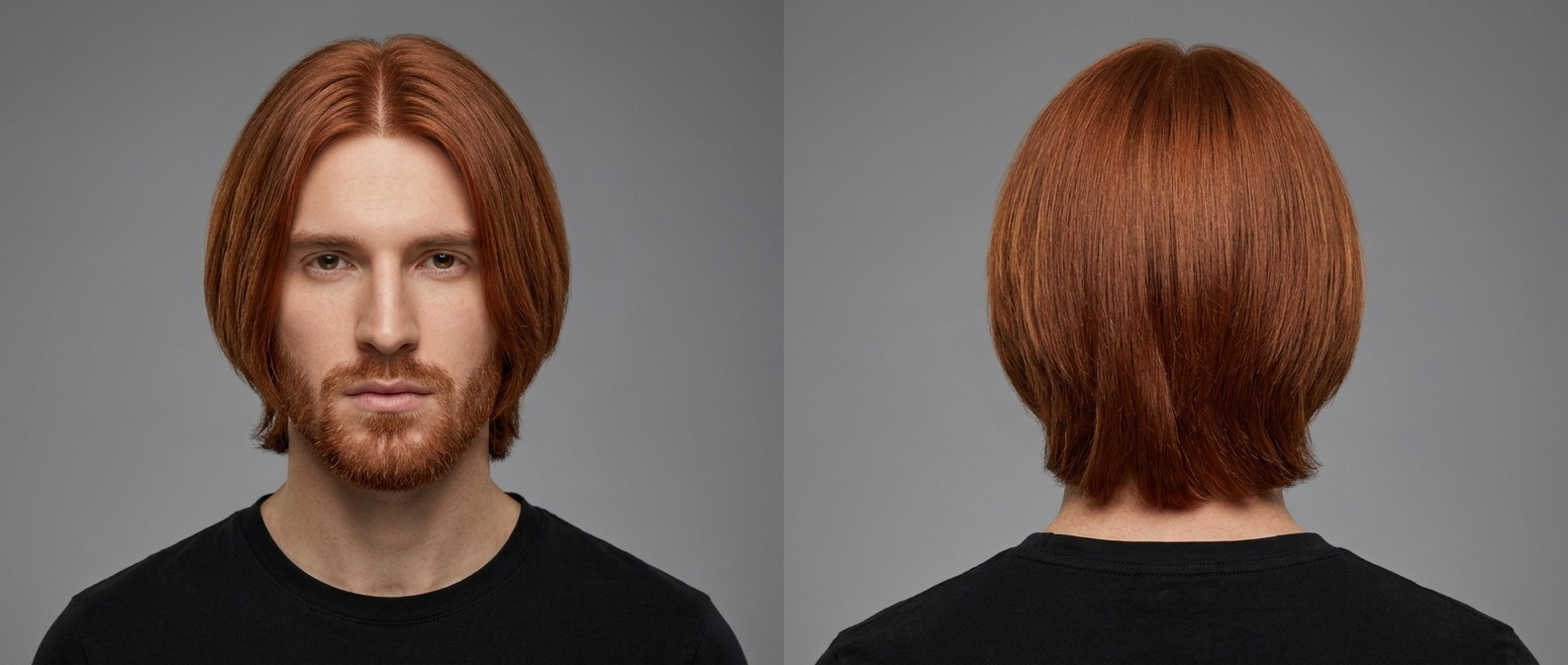 Vue de face et de profil d'un jeune homme avec une barbe rousse courte portant une coiffure curtains longue et raide sur cheveux cuivrés.