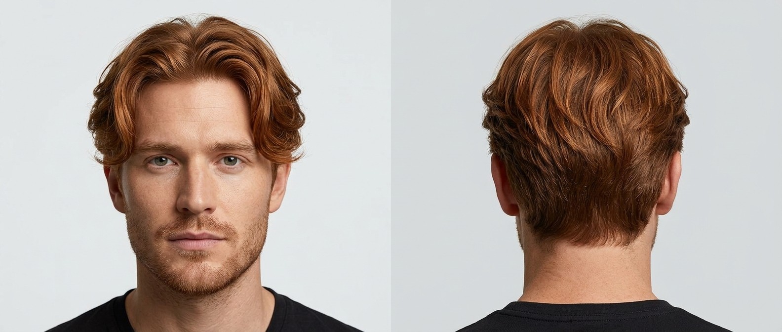 Vue de face et de dos d'un homme aux cheveux roux ondulés, coupe curtains moderne avec raie au milieu et mouvement texturé.