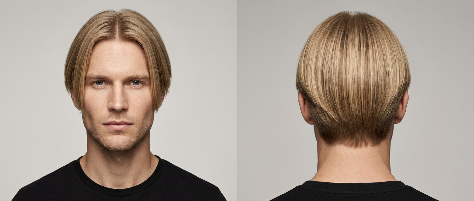 Homme blond avec une coupe curtains des années 90, raie au milieu précise et côtés mi-longs.