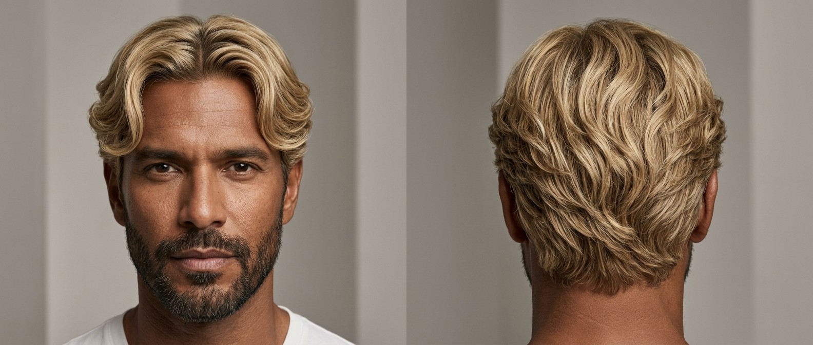Homme latino mature avec barbe, coiffure curtains blonde ondulée, dégradé aux ciseaux et raie centrale.