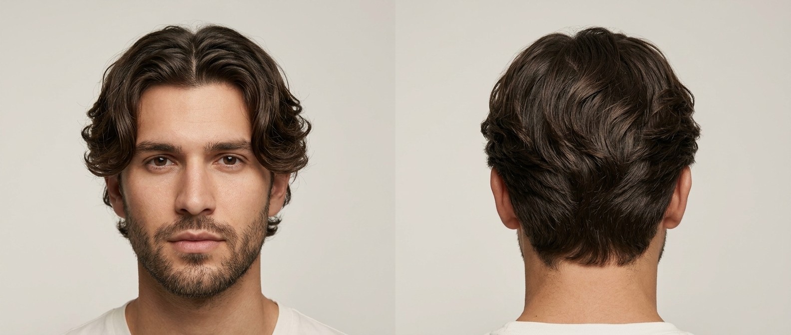 Jeune homme aux cheveux bruns épais portant une coupe wavy curtains avec raie centrale et dégradé.