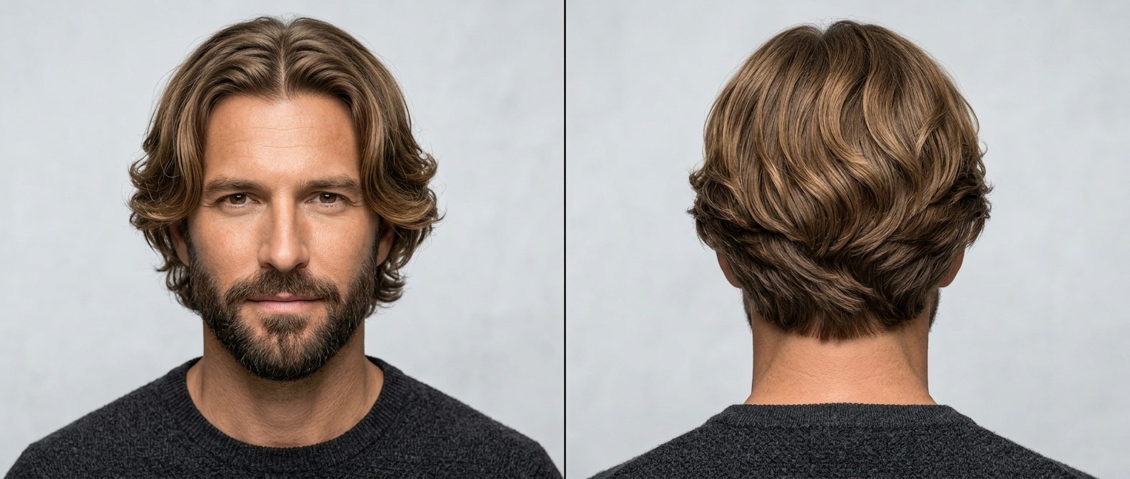 Vue de face et de profil d'un homme mûr barbu avec une coupe rideau ondulée dégradée et des reflets bruns naturels.