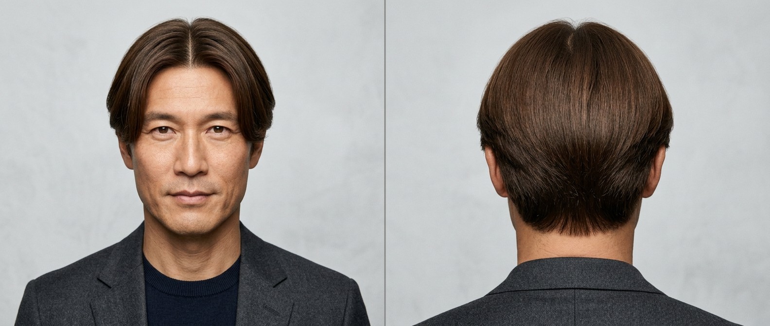Front and back view of a mature Asian man with a classic center-parted curtains hairstyle, featuring smooth, thick brown hair and a tapered neckline.