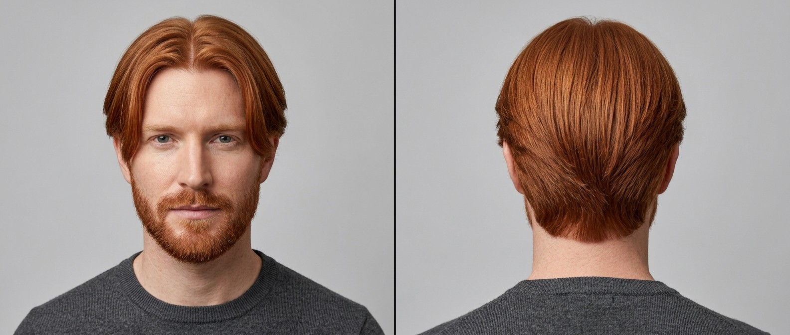 Detailed front and back view of a Caucasian man with thick, straight red hair styled in a classic center-parted curtains haircut featuring a short beard.