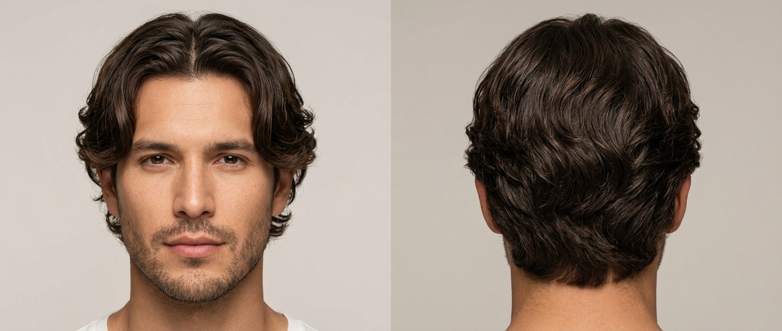 Vue de face et de dos d'un homme latino avec une coupe curtains ondulée brun foncé, dégradé aux ciseaux et barbe de trois jours.