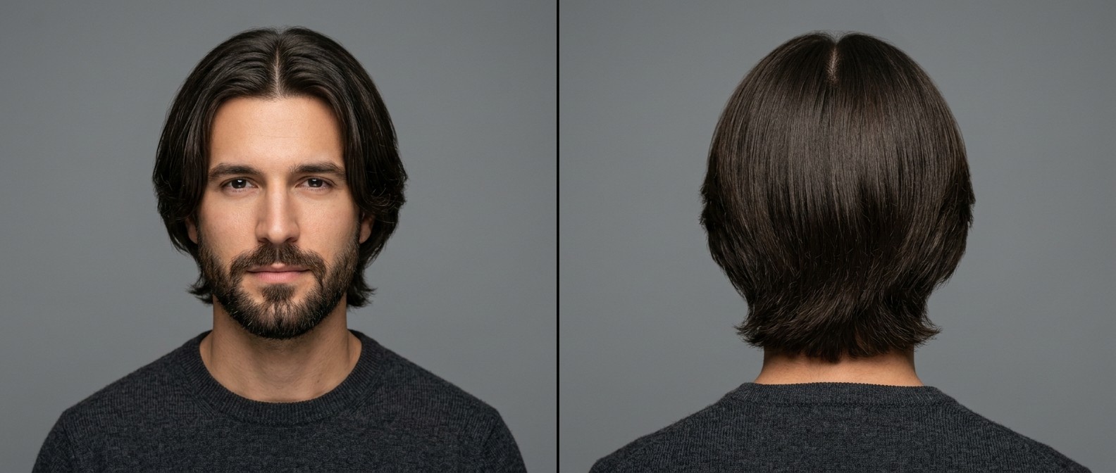 Front and back view of a Caucasian man with a thick, dark brown layered middle part curtain hairstyle and a well-groomed beard on a gray background.