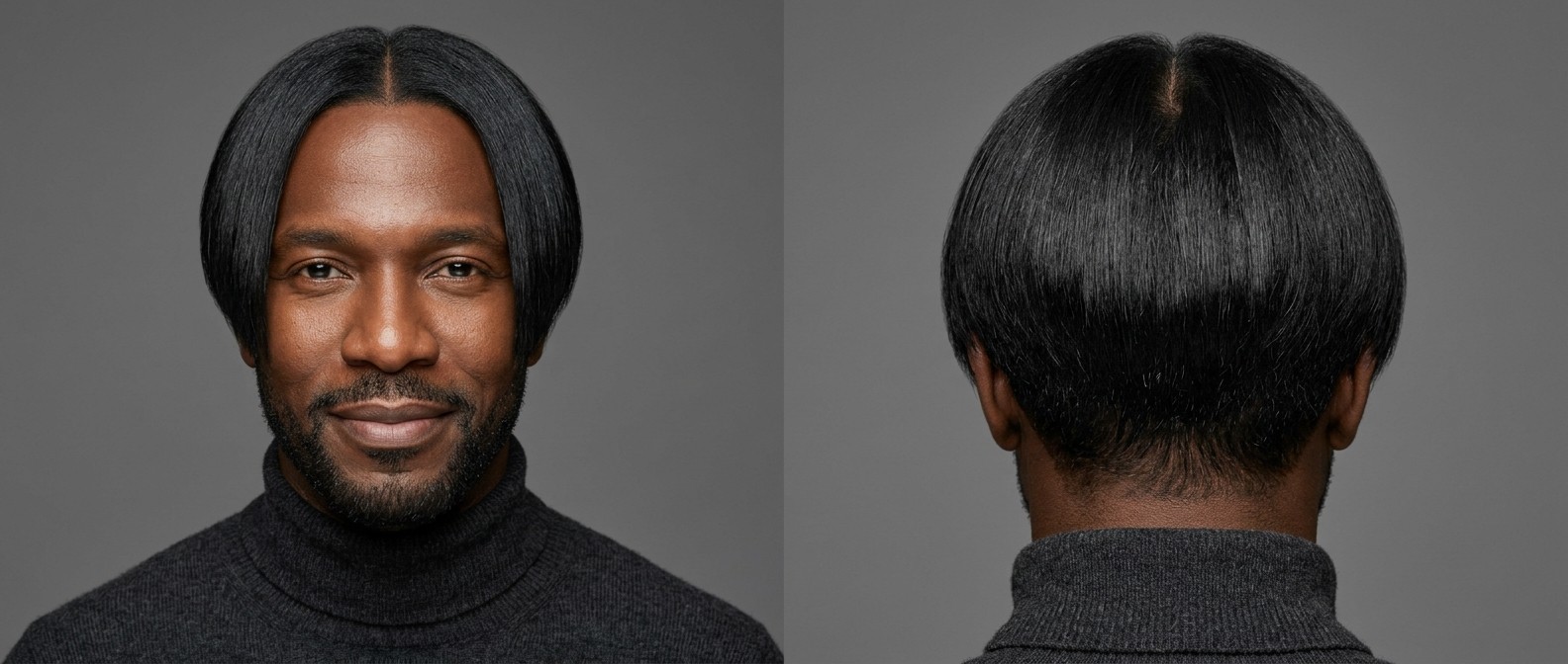 Front and back view of a 45+ Black man with a sleek, straightened curtains hairstyle, precise middle part, and short groomed beard on a gray background.