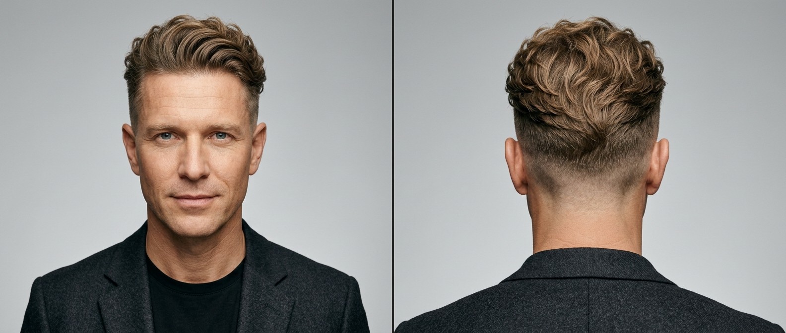 Mature man with light brown hair modeling a swept-back wavy disconnected undercut with skin shaved sides and high volume top.