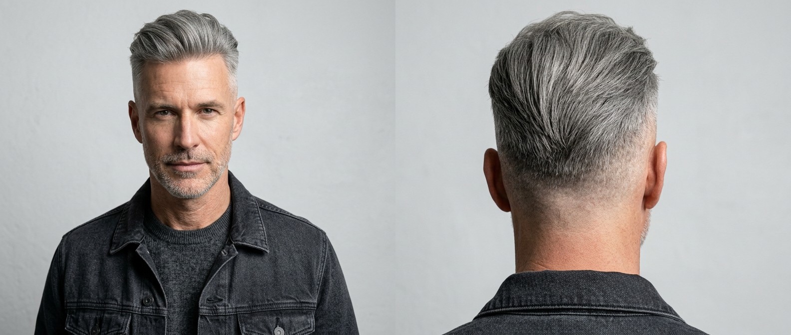 Mature man with a silver disconnected undercut hairstyle, featuring skin-shaved sides and voluminous, textured swept-back hair on top.