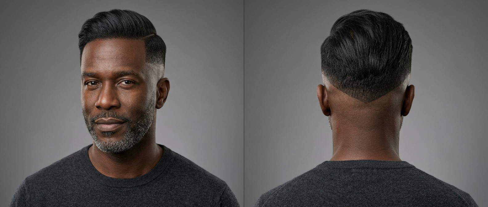 African American man over 45 with a sleek disconnected undercut, precise edge-up, short groomed beard, and a sharp V-shaped skin fade at the nape.