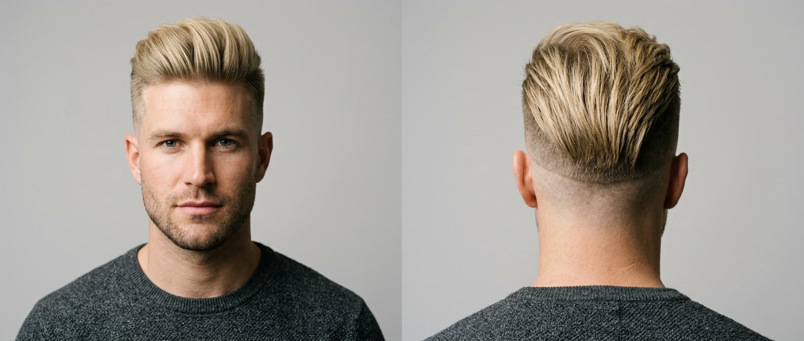 Light-skinned blonde man with stubble modeling a high-volume disconnected undercut, featuring 0mm shaved sides and long, swept-back straight top hair.