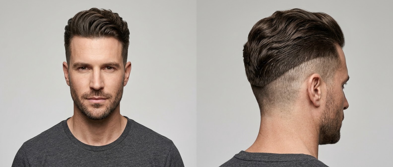 Caucasian man with dark brown wavy hair modeling a disconnected undercut with a high skin fade, swept-back voluminous top, and short stubble beard.