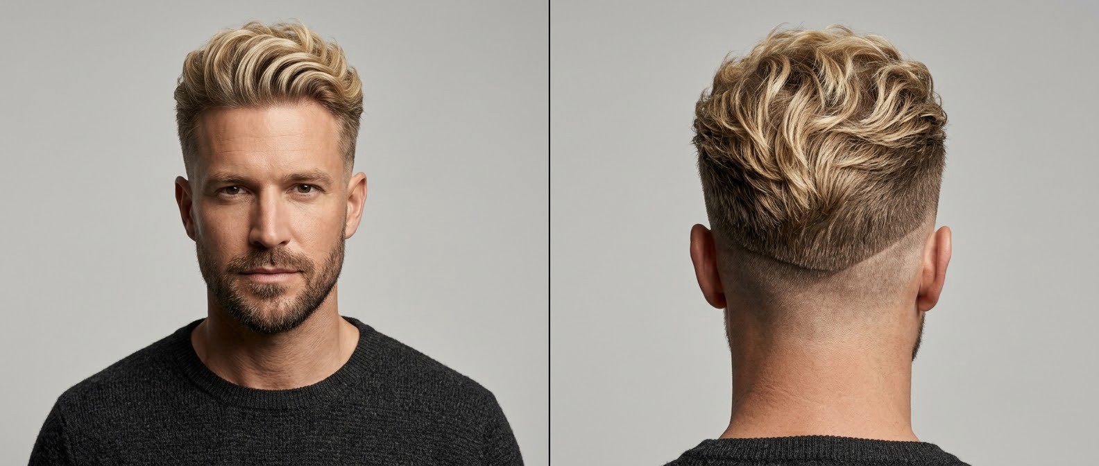 Front and back view of a man with a blonde wavy disconnected undercut, featuring a voluminous swept-back top and a sharp V-shaped skin drop fade.
