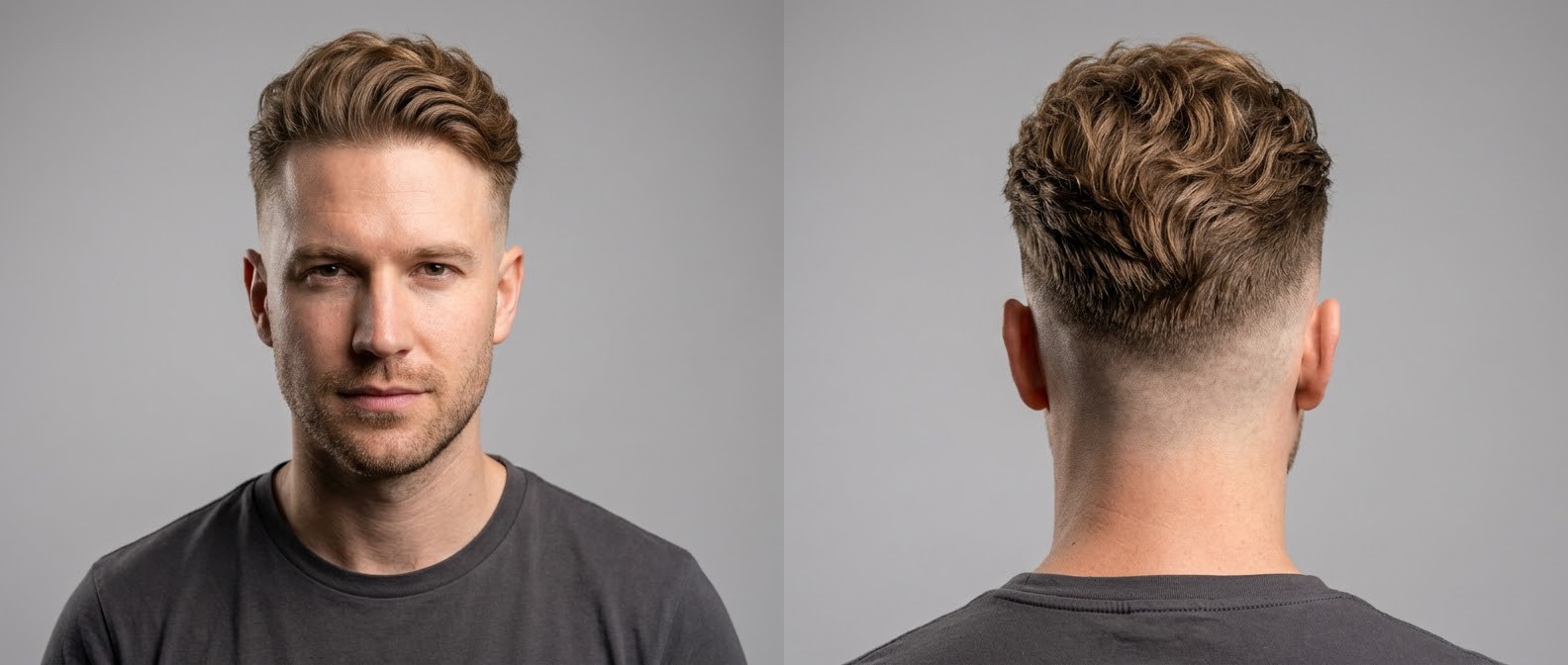 Front and back view of a handsome young man modeling a wavy disconnected undercut, featuring a high skin fade, textured swept-back top, and light facial stubble.