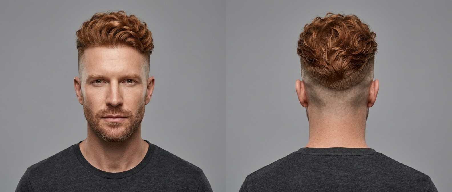 Front and back view of a man with red hair modeling a wavy disconnected undercut with a high skin fade and voluminous textured top.