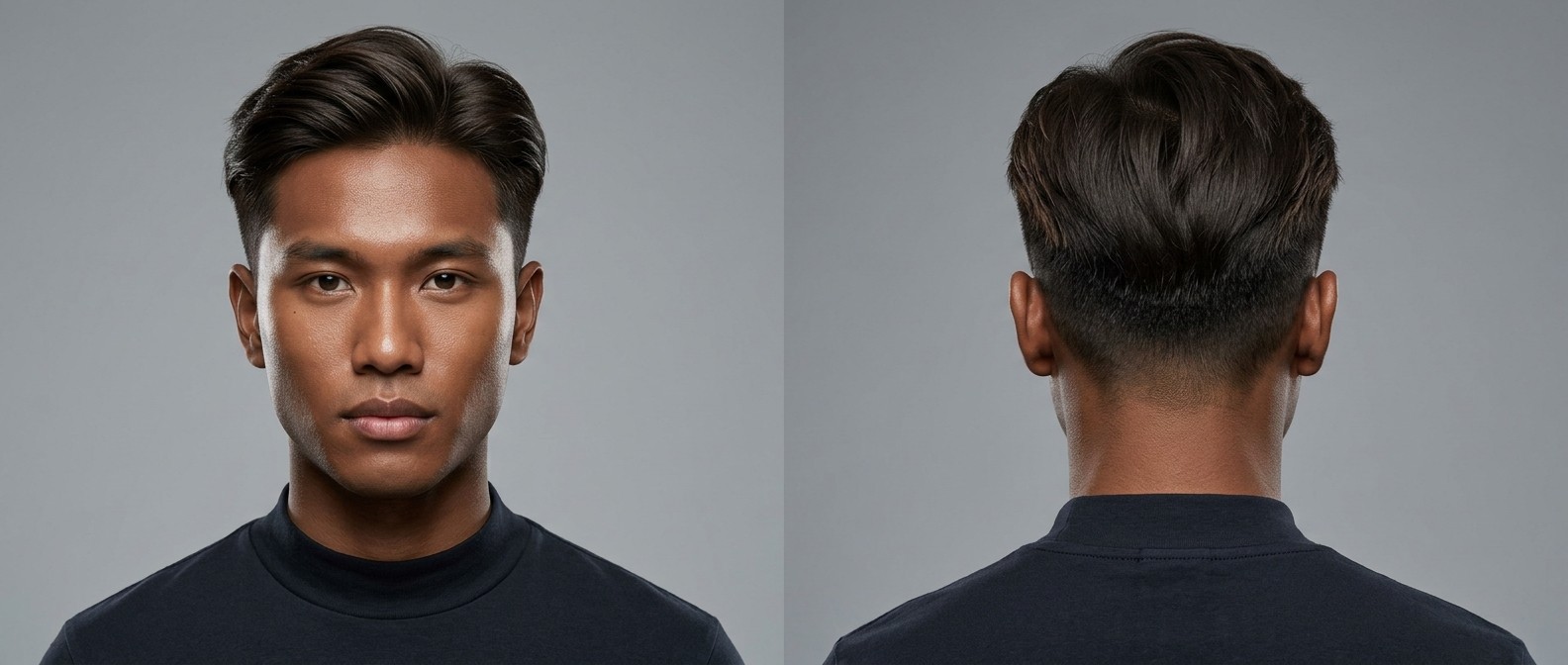 Front and back view of a young Asian man with a disconnected undercut, featuring thick, dark brown swept-back hair with high volume on top.