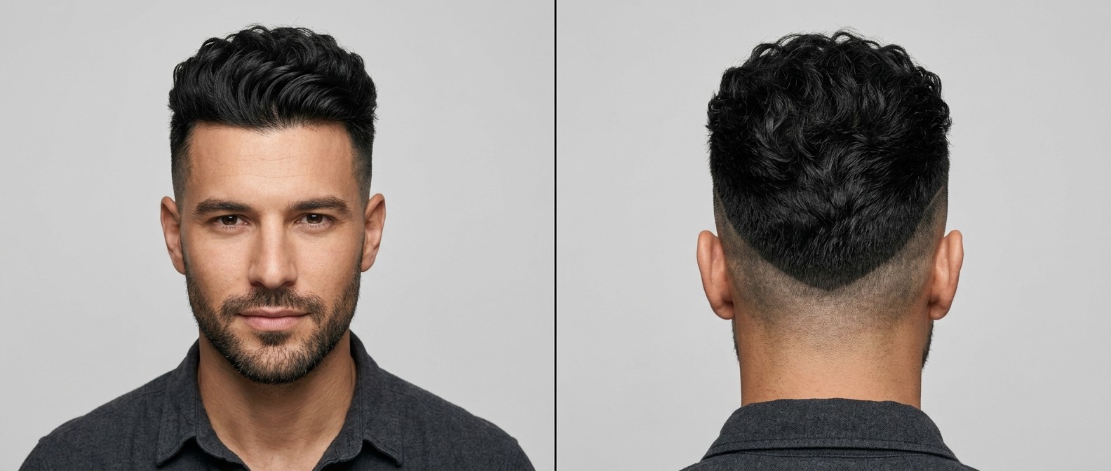 Front and back view of a man with a wavy disconnected undercut, featuring a sharp V-shaped skin fade at the nape and voluminous textured black hair.