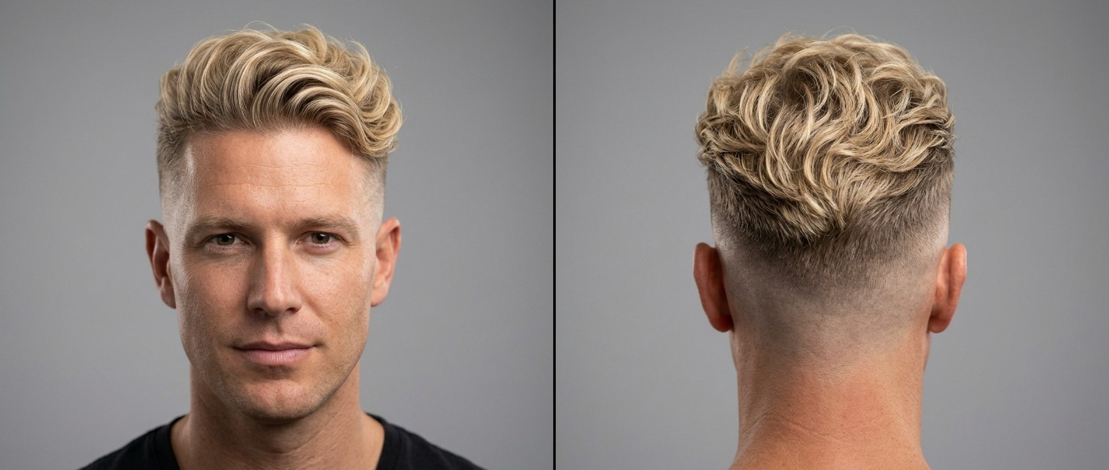 Blonde man aged 35-45 with a wavy disconnected undercut, featuring a sharp skin fade and long, textured, voluminous blonde hair swept back.