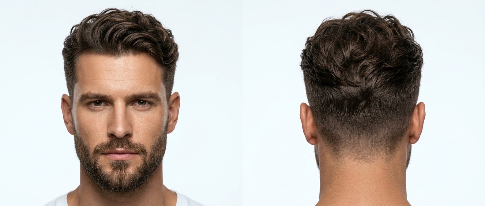 Front and back view of a man with a wavy disconnected undercut, featuring long swept-back textured brown hair, tight sides, and a groomed beard.