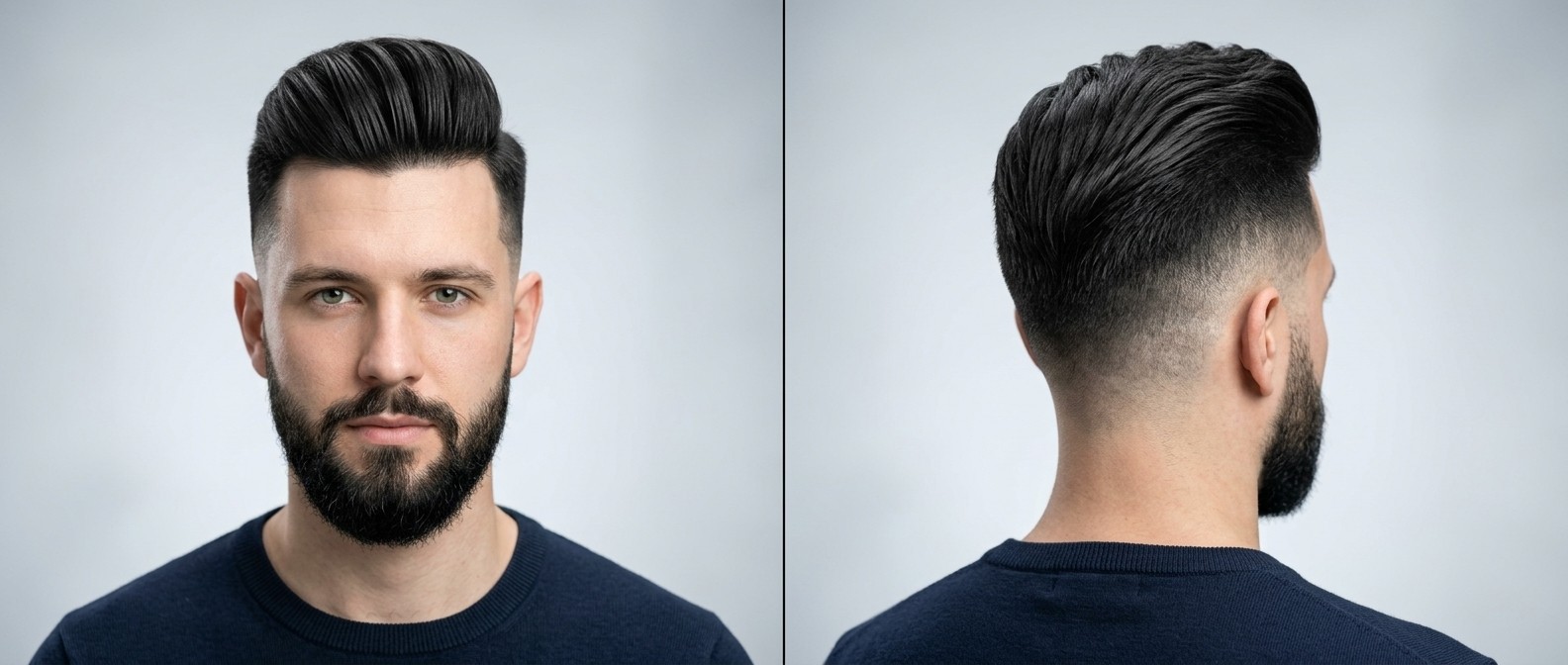 Young man with a disconnected undercut, high skin fade, and long, straight black hair styled back with volume, paired with a groomed full beard.