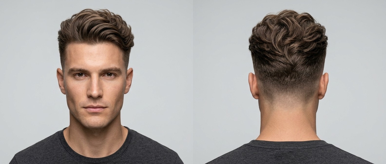 Front and back view of a Caucasian man with a thick wavy disconnected undercut, featuring a voluminous swept-back top and tight shaved skin fade sides.