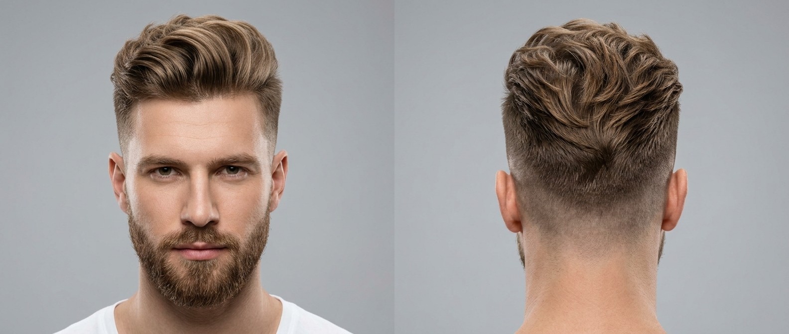 Front and back view of a man with a high-volume wavy disconnected undercut, skin fade sides, and a short beard.