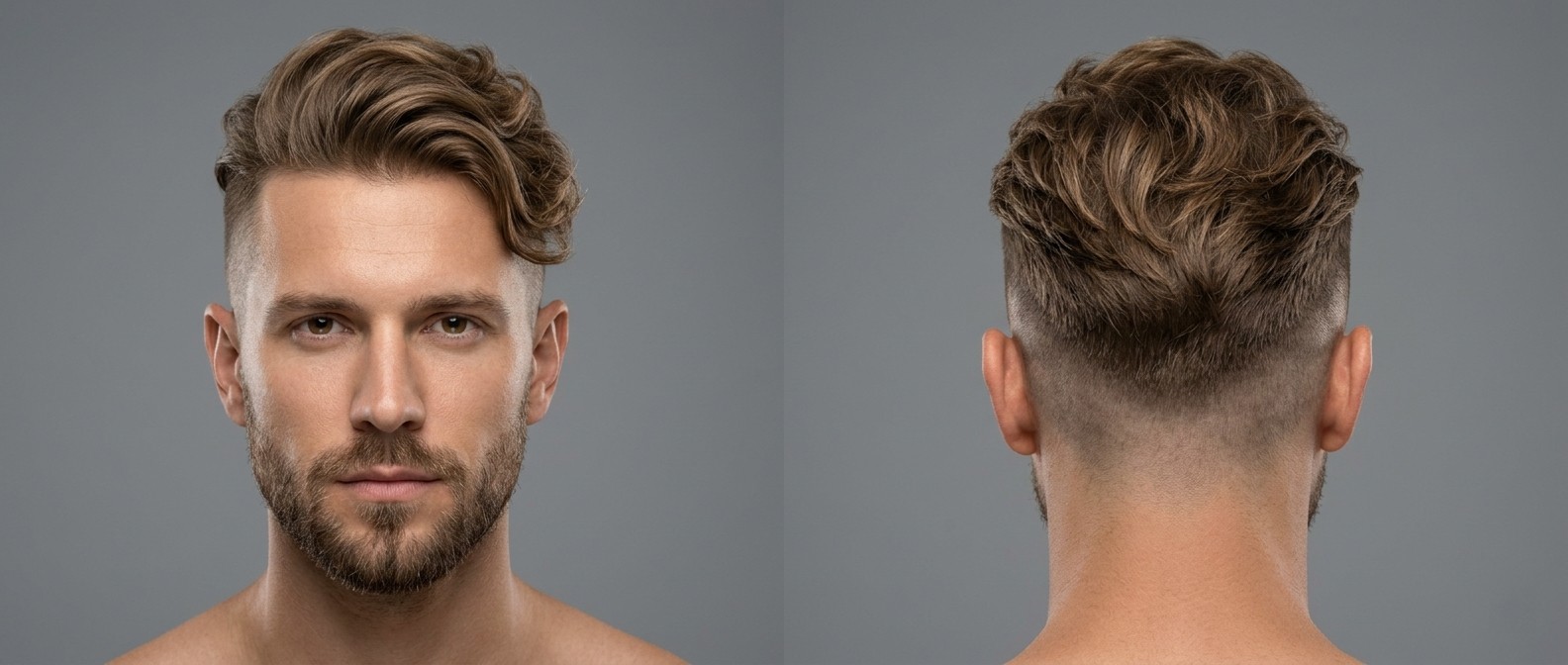 Front and back view of a man with a wavy disconnected undercut, high skin fade, and long swept fringe, paired with a short tailored beard.