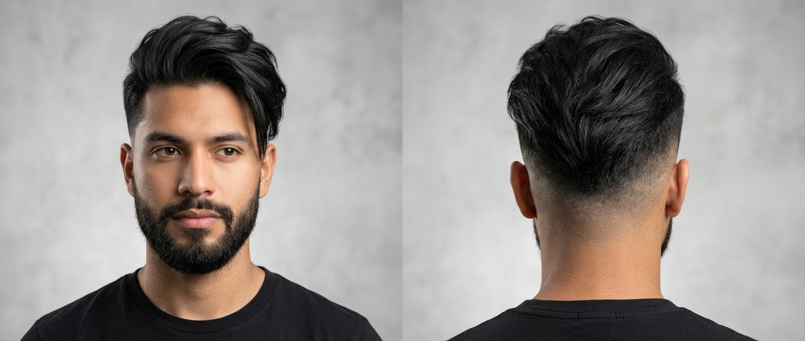 Vista frontal e traseira de um jovem com disconnected undercut, franja texturizada e skin fade 0mm.