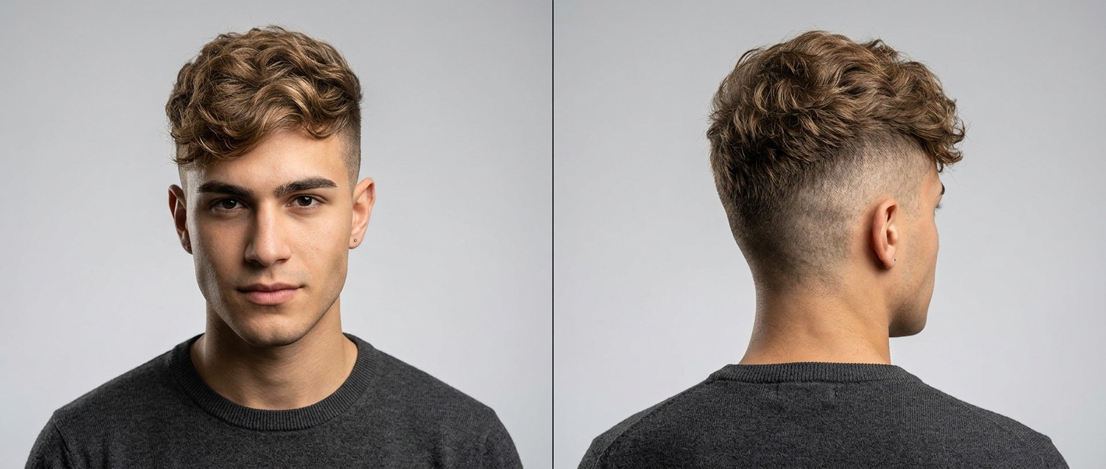 Young man with a wavy disconnected undercut, featuring a high skin fade and a long, textured light brown fringe styled forward.