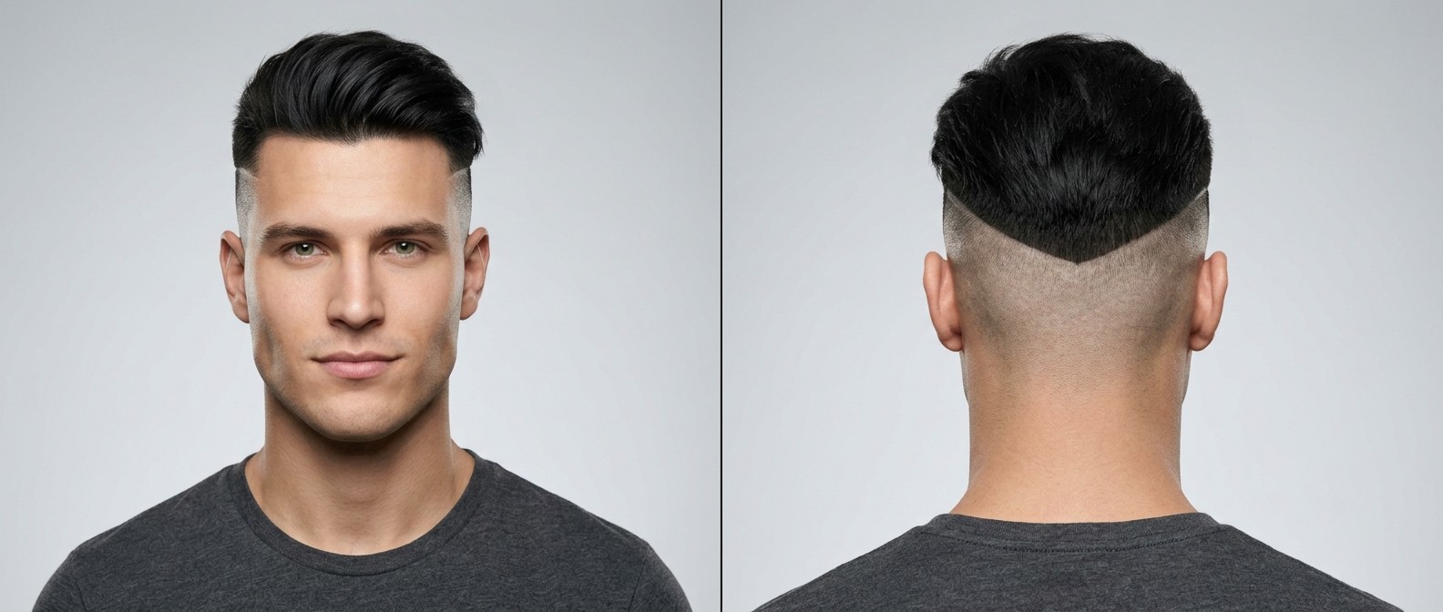 Front and back view of a men's disconnected undercut featuring skin-shaved sides, a voluminous swept-back top, and a sharp V-shaped nape.