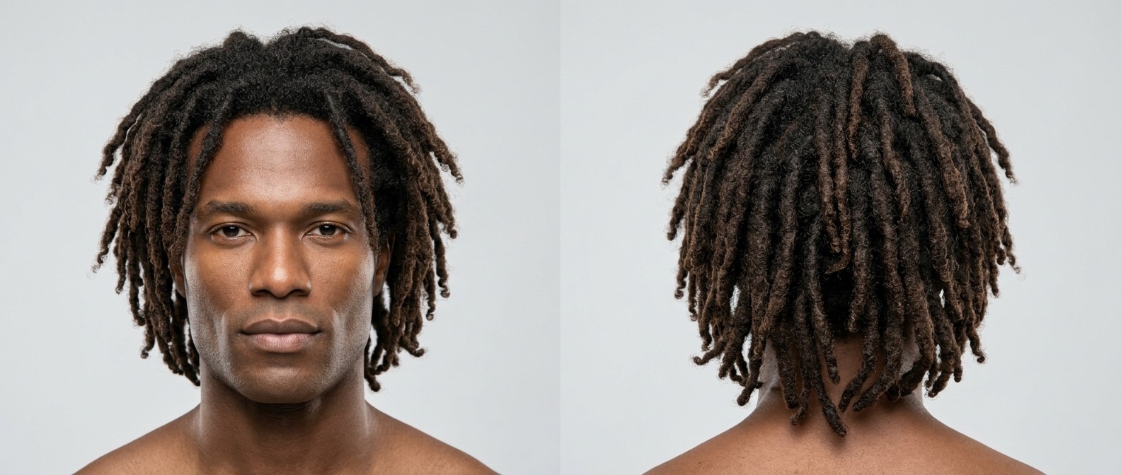 Vorder- und Rückansicht eines dunkelhäutigen Mannes (35-45 J.) mit dichten, mittellangen Dreadlocks und lockigen Spitzen, die ein eckiges Gesicht umrahmen.