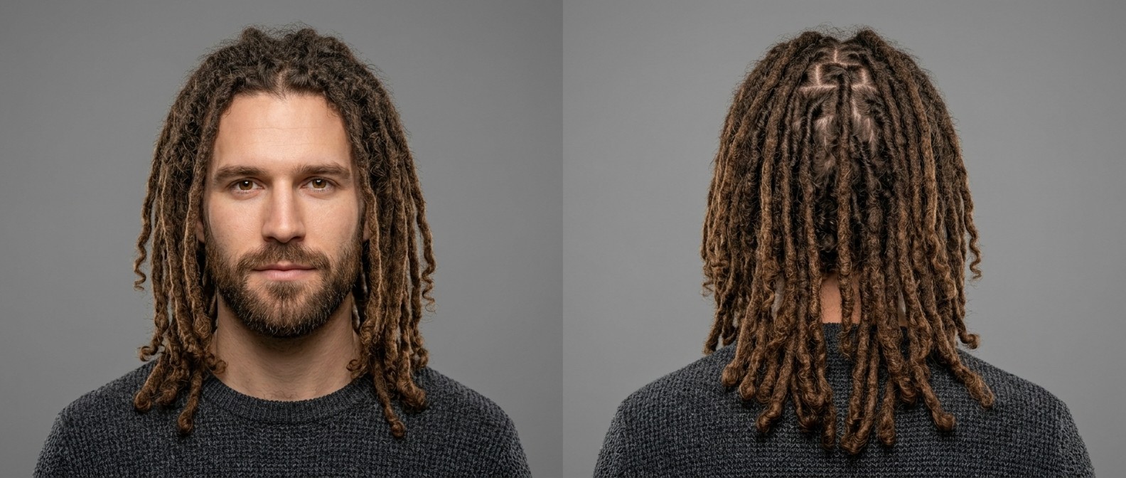 Front and back view of a Caucasian man with long brown dreadlocks featuring precision square scalp partings, loose curly ends, and a short groomed beard.