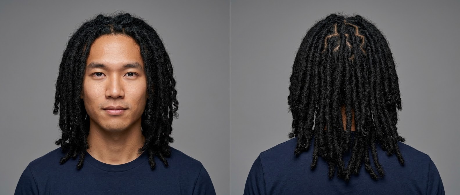 Asian man with long, thick dreadlocks featuring a middle part and intricate geometric zig-zag parting at the crown, wearing a dark blue t-shirt.