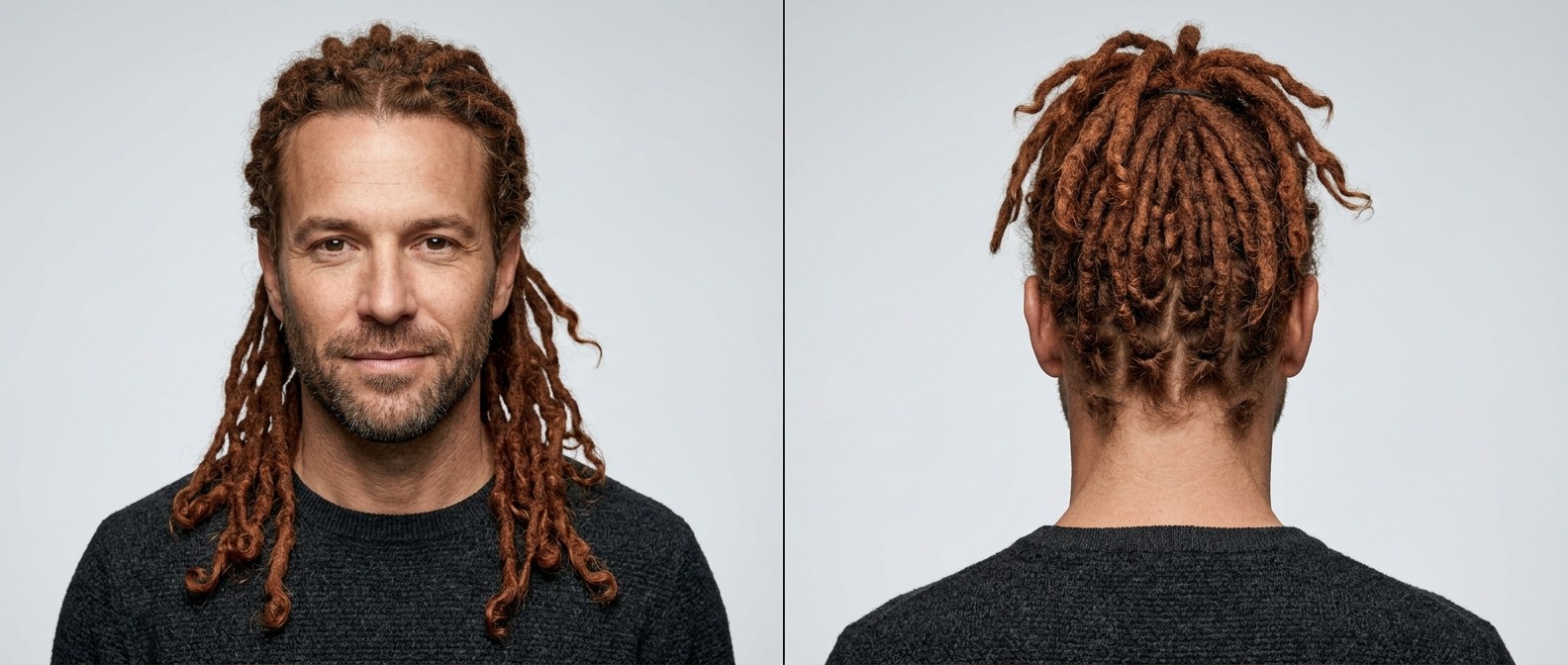 Reifer Mann mit Dreitagebart und langen Kupfer-Dreadlocks im Half-Up-Style mit sichtbarem Rastermuster.