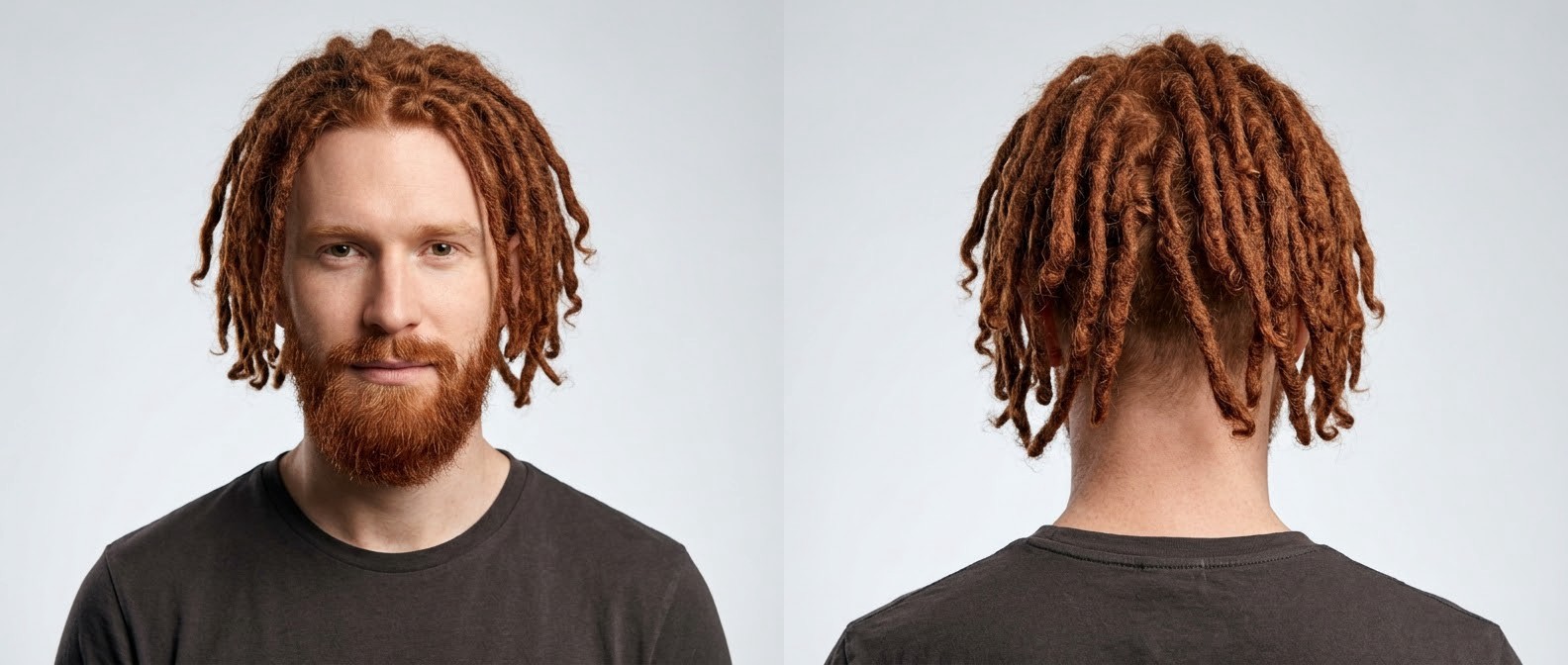 Caucasian man with vibrant copper red dreadlocks and a full beard, showcasing a nape undercut from the front and back views.