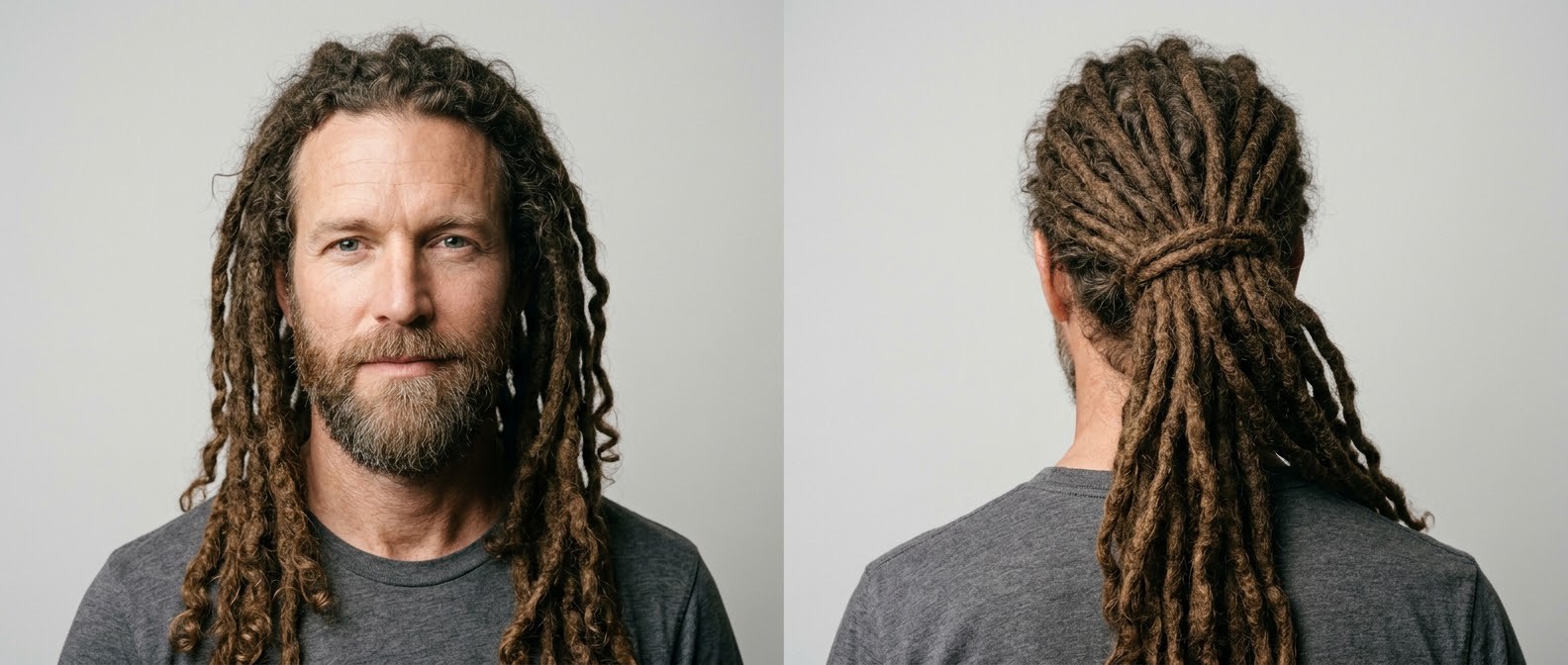 Mature man with a beard modeling long, thick natural brown dreadlocks, shown loose from the front and tied in a wrapped low ponytail from the back.