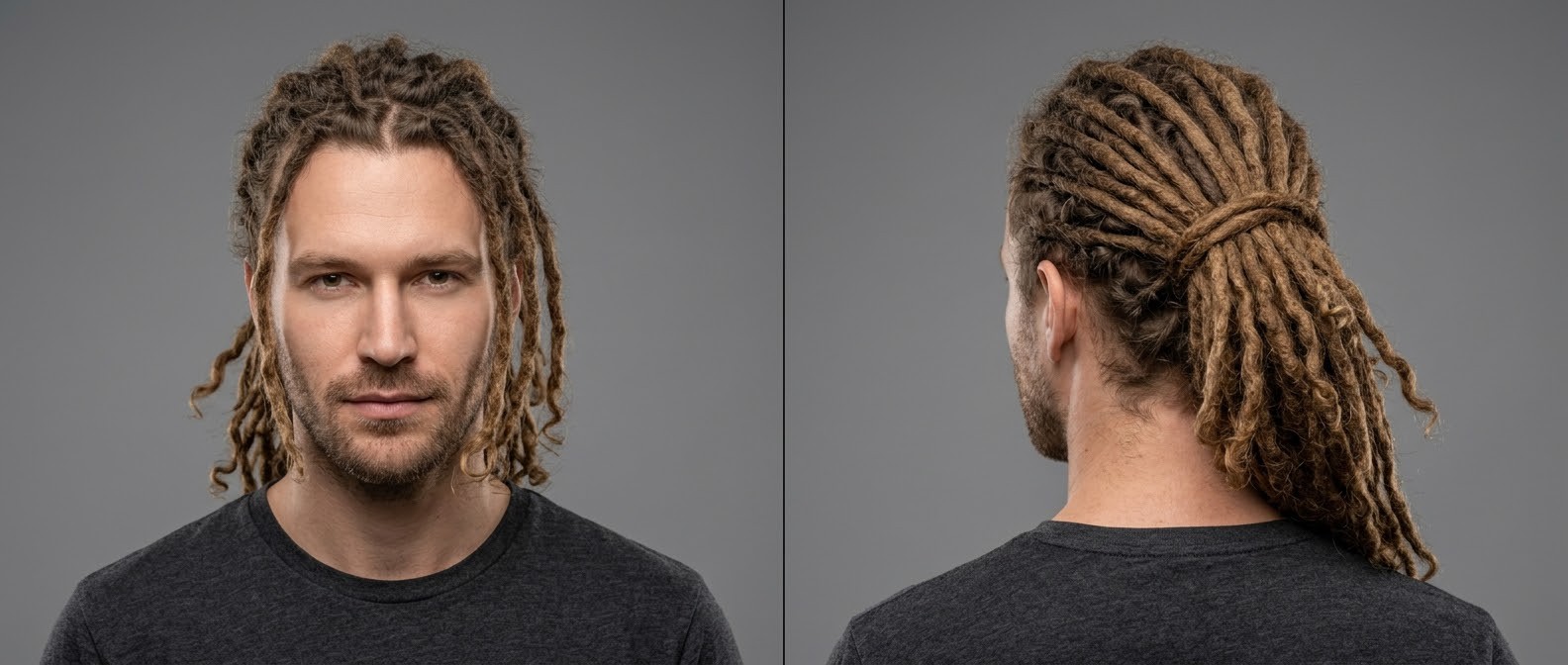 Caucasian man with long light brown dreadlocks styled in a half-up tie with curly tips, featuring a middle part and light facial stubble.