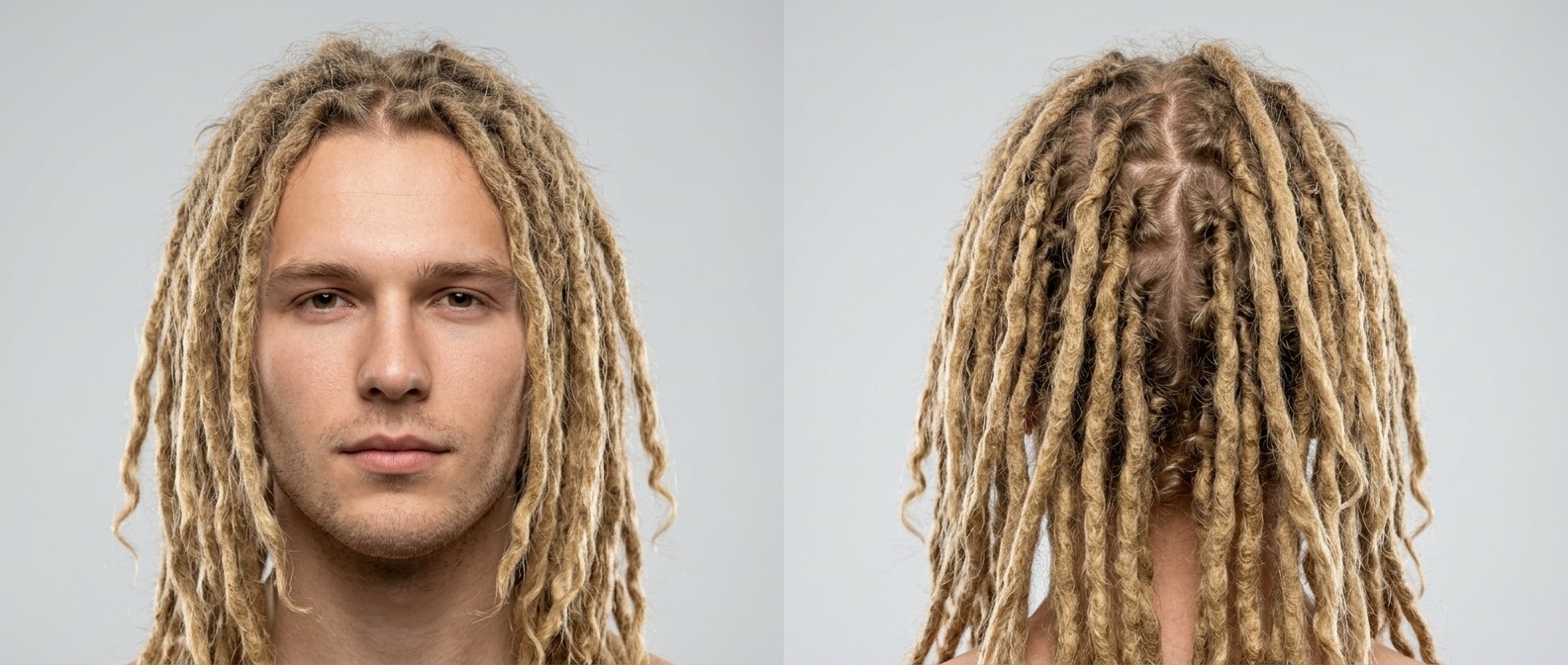 Junger Mann mit langen blonden Dreadlocks, Mittelscheitel und offenen Spitzen, Ansicht von vorne und hinten mit sichtbarem Raster.