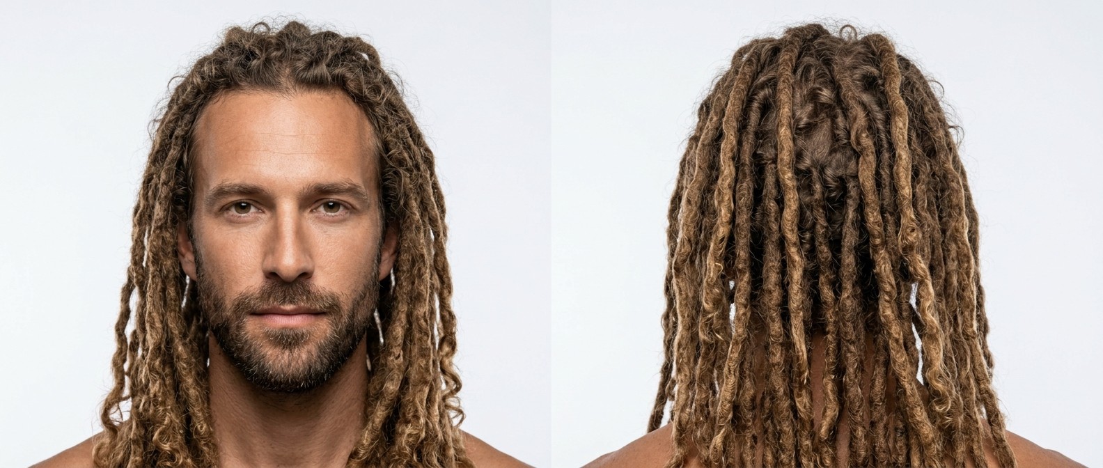 Vorder- und Rückansicht eines Mannes mit langen, hellbraunen natürlichen Dreadlocks, lockigen Enden und einem gepflegten kurzen Bart.