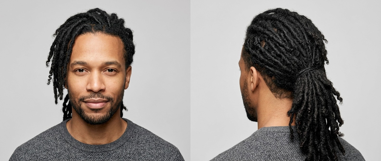Vorder- und Rückansicht eines Mannes mit langen Dreadlocks, tiefem Pferdeschwanz, sauberem Taper-Fade und kurzem Bart.