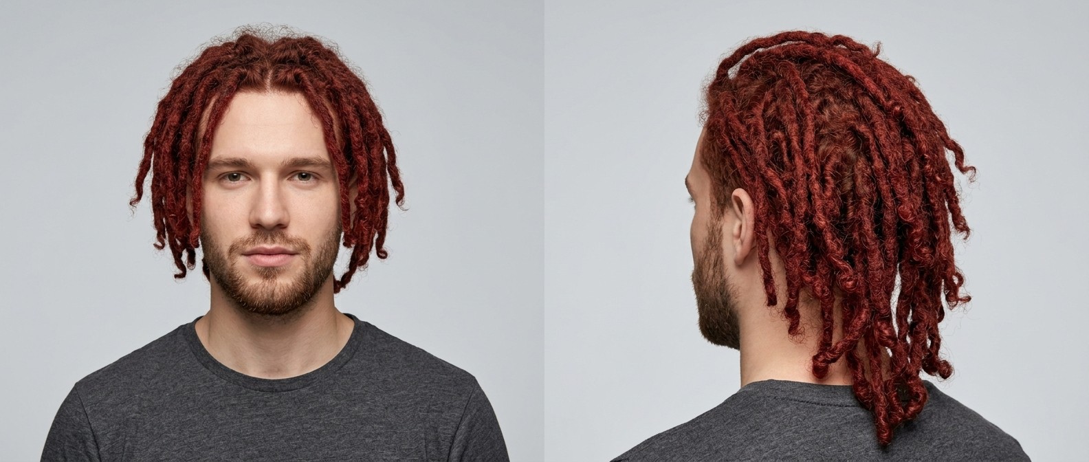 Junger kaukasischer Mann mit kurzem Bart und schulterlangen, auburn-roten Dreadlocks mit lockigen Spitzen vor grauem Hintergrund.