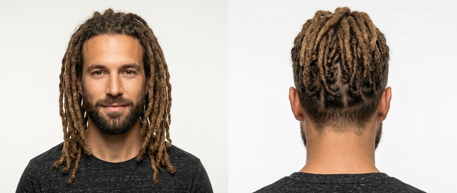 Mann mit kurzem Bart und langen, hellbraunen Dreadlocks mit geometrischem Grid-Parting und Nacken-Undercut.