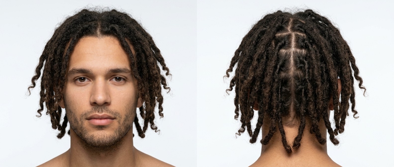 Junger Mann mit mittellangen, dunkelbraunen Dreadlocks, präzisem Box-Parting, Mittelscheitel und lockigen Spitzen.