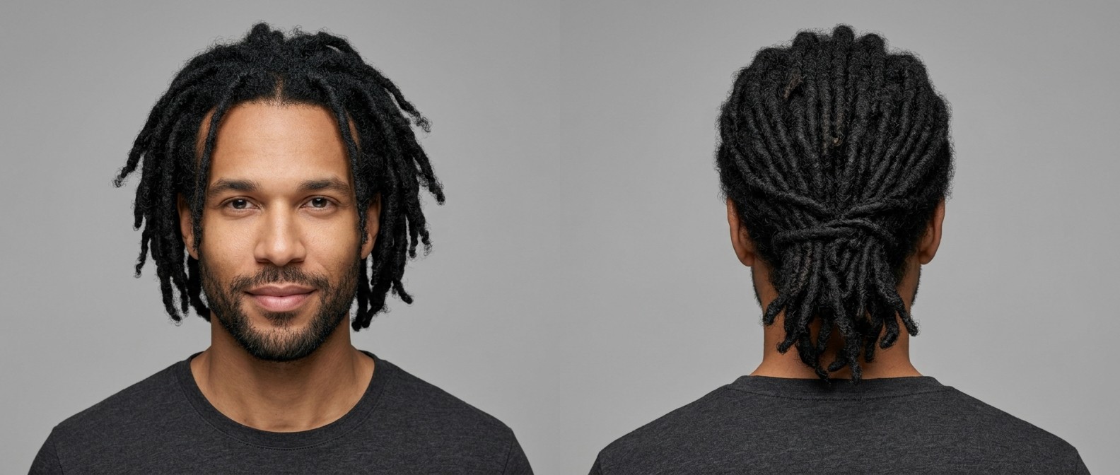 Front and back view of a man with medium skin and a short beard wearing medium-length black dreadlocks tied back in a natural knot.
