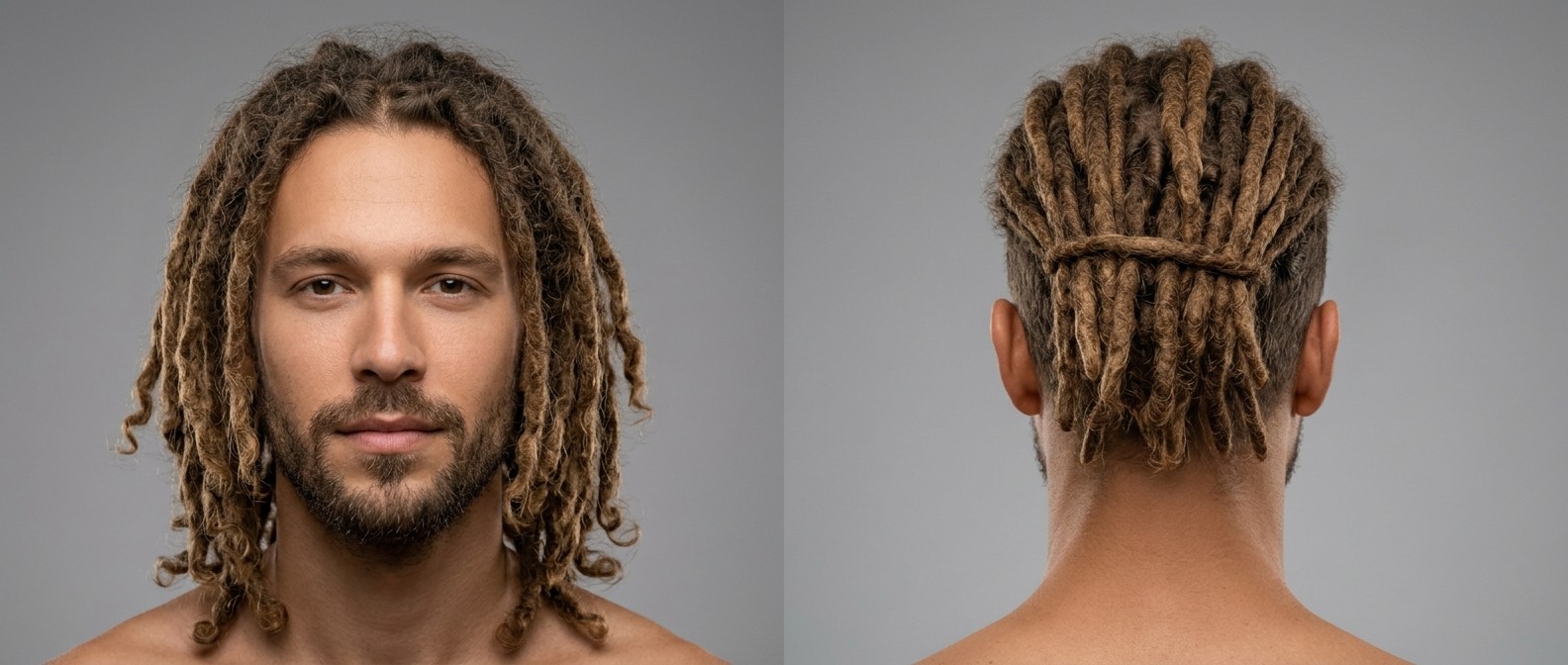 Front and back view of a Caucasian man with a short beard wearing mid-length light brown dreadlocks with loose curly ends, tied back at the nape.