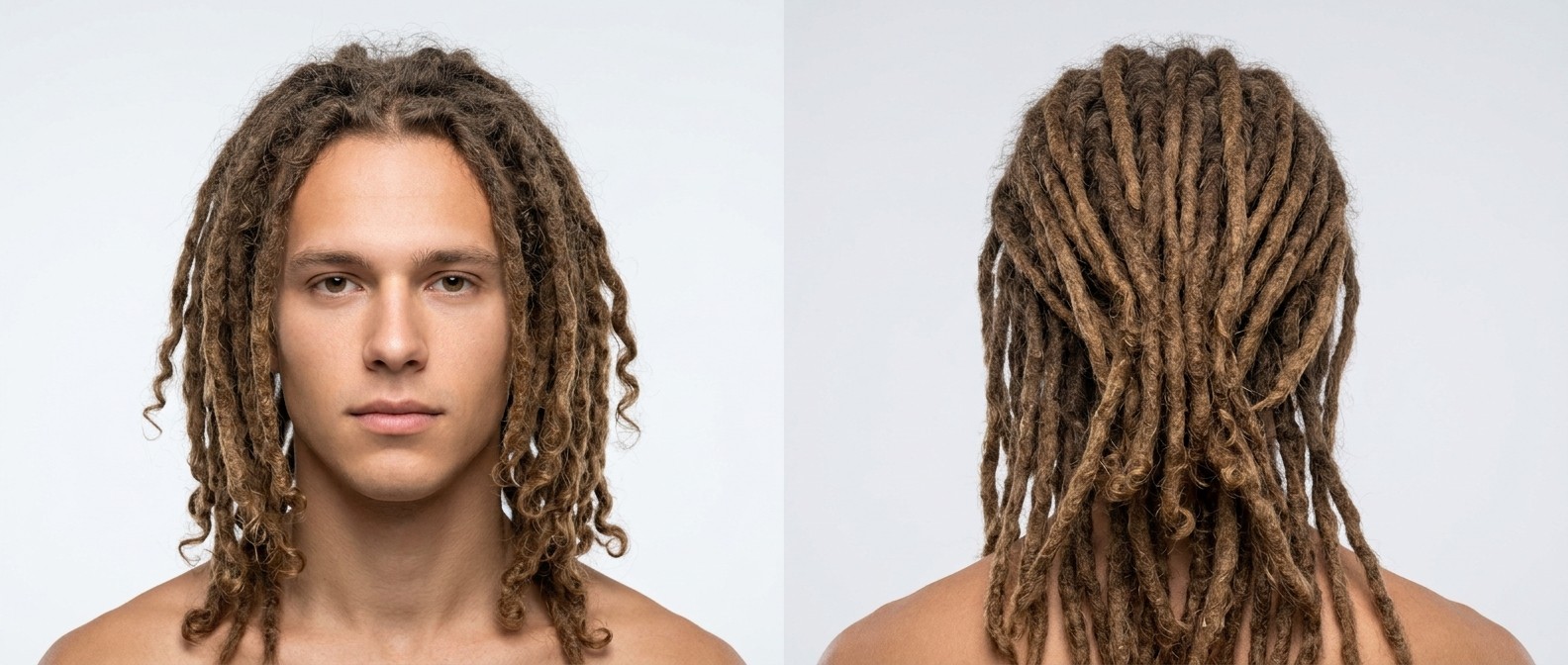 Young Caucasian man with long, natural light brown dreadlocks featuring a middle part and loose, curly type 3 ends, shown from front and back.
